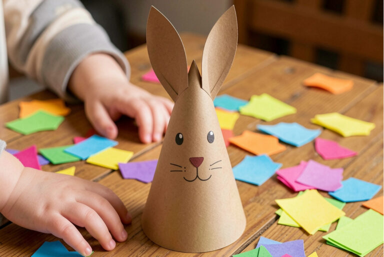Colorful Easter paper crafts made by kids, including bunnies, eggs, and flowers