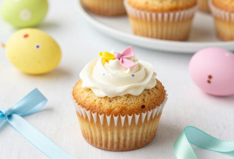 Easter-themed baked treats including muffins, bunny-shaped cookies, and colorful decorations on a festive table.
