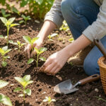 March garden planting seeds in small garden beds with radishes, spinach, lettuce, peas, carrots, and herbs”
