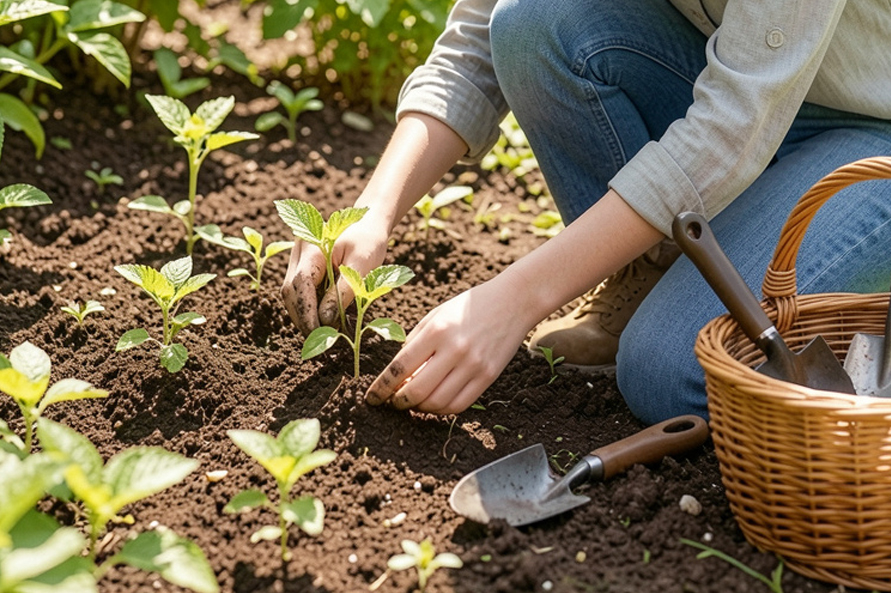 March garden planting seeds in small garden beds with radishes, spinach, lettuce, peas, carrots, and herbs”