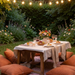Cozy garden party setup with outdoor lighting, lanterns, pillows, and table decor at night