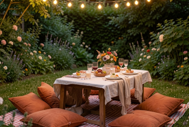 Cozy garden party setup with outdoor lighting, lanterns, pillows, and table decor at night