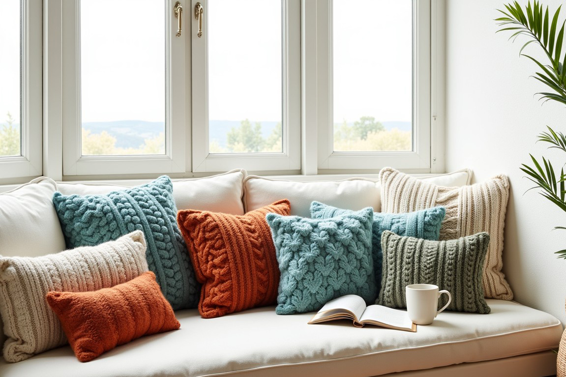 Cozy decorative pillows and textured throw pillow covers styled on a modern sofa creating a warm and aesthetic home decor look