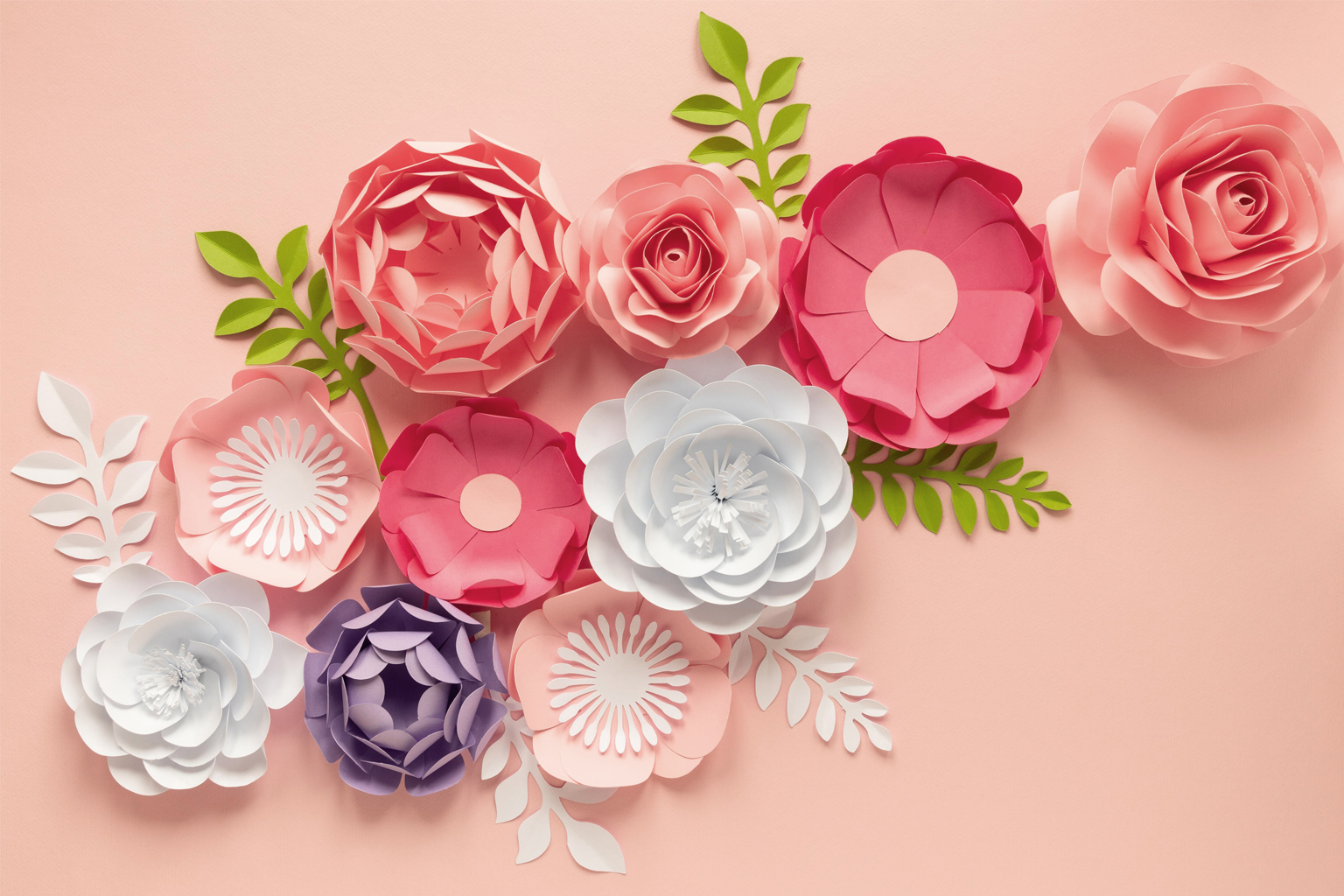 Handmade paper flowers in pink and white on a wooden table — easy paper flower tutorial for beginners