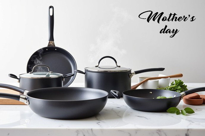 Mother's Day kitchen gifts including cast iron dutch oven, cookware set, and sourdough baking tools