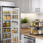 Small space storage hacks in a modern kitchen with organized cabinets, clear bins, and stacked containers