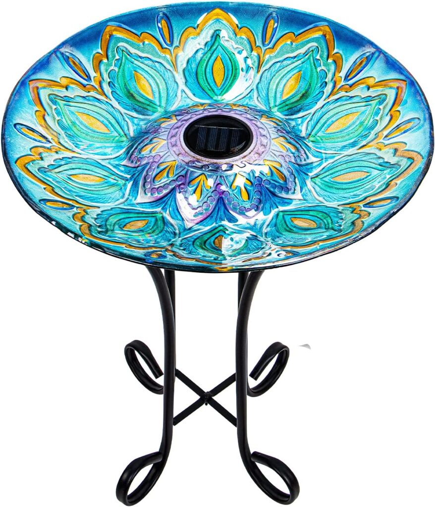 Glass Bird Bath Outdoor with Metal Stand for Lawn Yard Garden Decor 