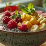 Colourful smoothie bowl topped with fresh fruit, granola and coconut flakes