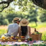 picnic setup with a woven basket, blanket and serving board on a sunny day