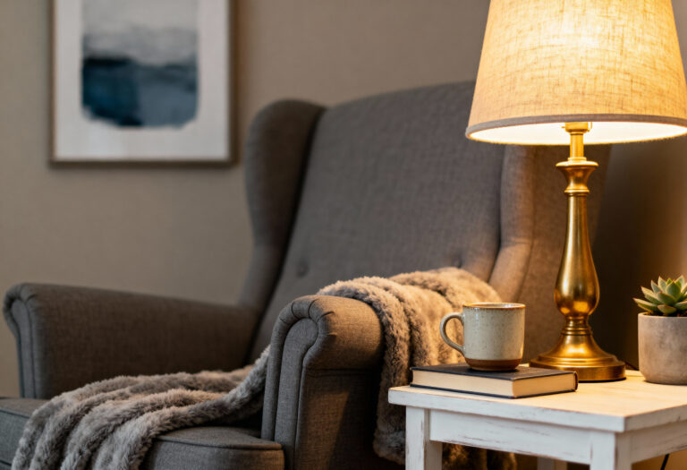 Cozy living room with warm home lighting ideas including floor lamp and smart lights