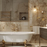 Elegant bathroom refresh ideas with white bath mat, LED mirror, black vanity light and styled accessories