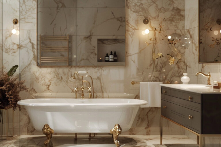 Elegant bathroom refresh ideas with white bath mat, LED mirror, black vanity light and styled accessories