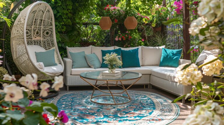 outdoor patio decor ideas with rattan furniture hanging chair and planters