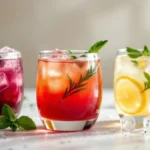 A selection of colorful summer drink recipes including mocktails and cocktails on a sunny table