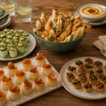 Vegan finger food platter with roasted vegetables, hummus and crispy bites on a board
