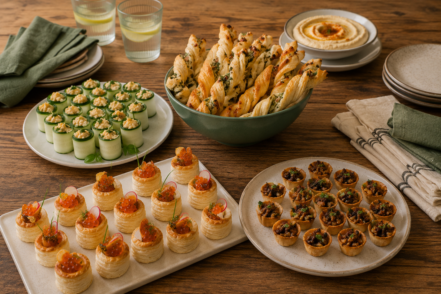 Vegan finger food platter with roasted vegetables, hummus and crispy bites on a board