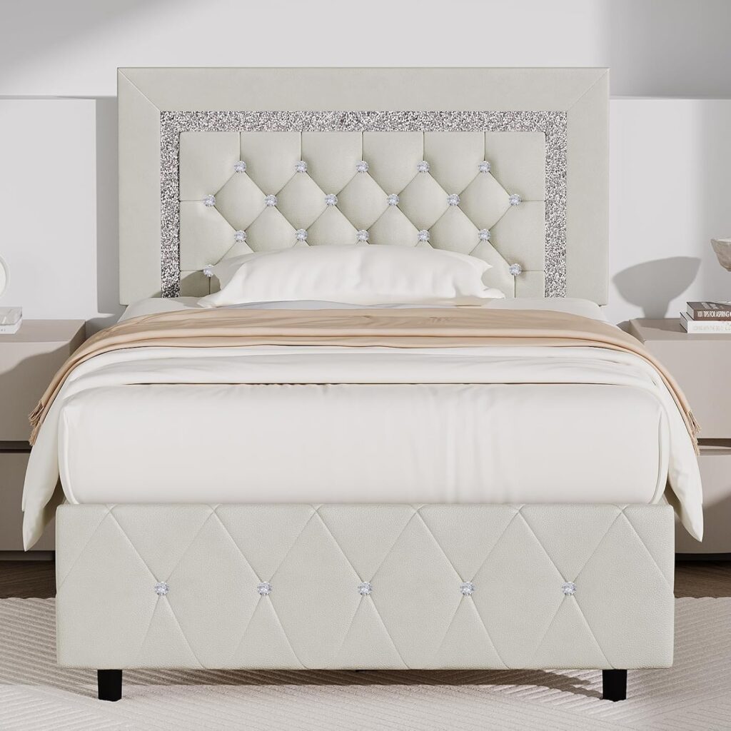 BarnFurin Twin Bed Frame with Diamond Tufted Headboard