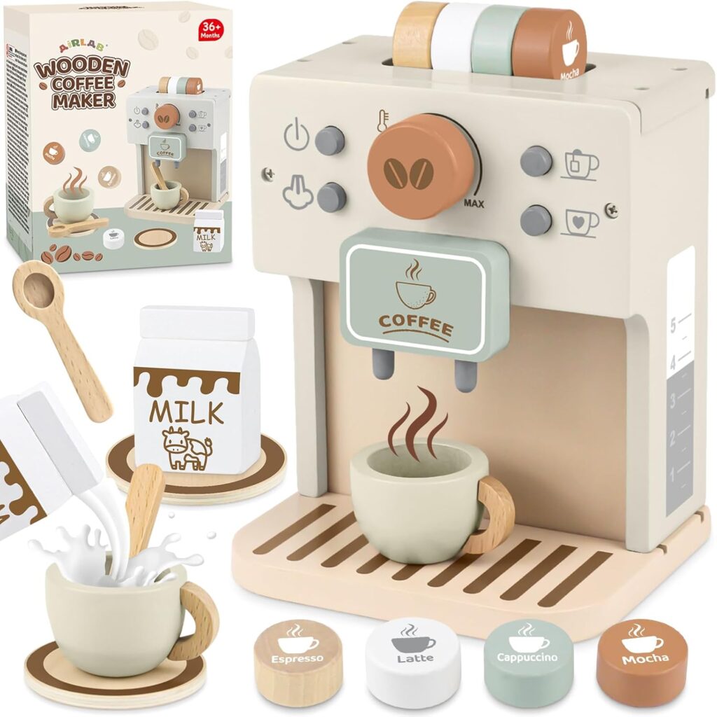 Wooden Coffee Maker Playset comes with a coffee maker