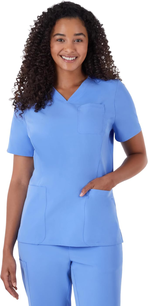 Hanes Women's Scrubs Healthcare Top in blue with ribbed back panel