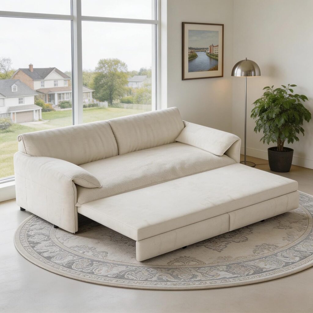 66" Queen Sofa Bed in Beige Velve