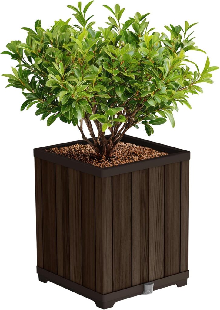 square wood look planter with water reservoir