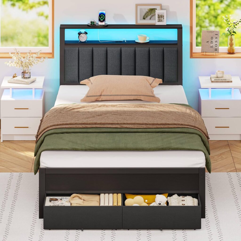 Twin Bed Frame with Charging Station and LED Lights