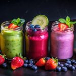 Collagen powder, strawberries, turmeric and avocado laid out as beauty smoothie ingredients