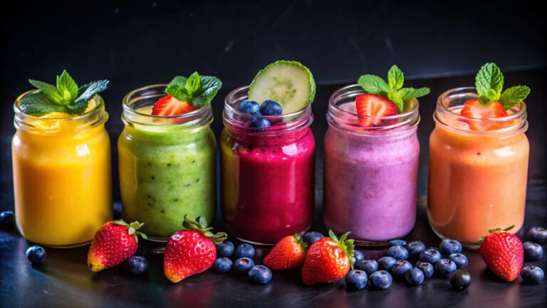Collagen powder, strawberries, turmeric and avocado laid out as beauty smoothie ingredients