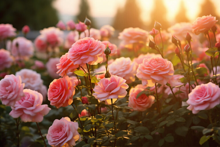 Romantic rose garden ideas with a metal arch covered in pink climbing roses
