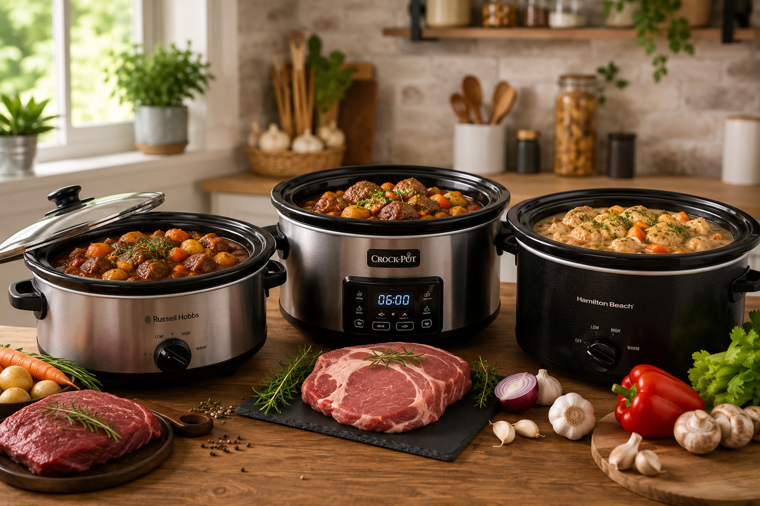 best slow cooker for family meals comparison flatlay on kitchen counter