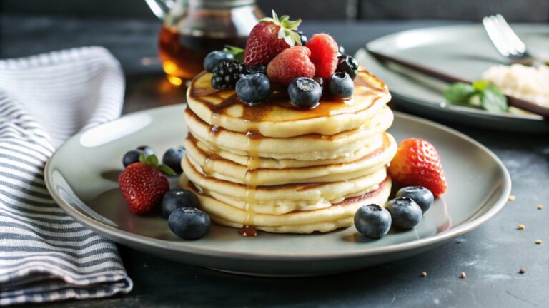 easy pancake recipes stack of fluffy oat and crepe pancakes on breakfast table