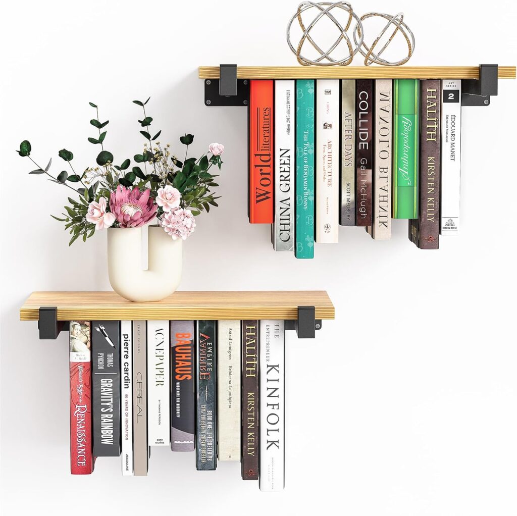 Pine wood invisible floating bookshelf set of 2 for reading nook wall