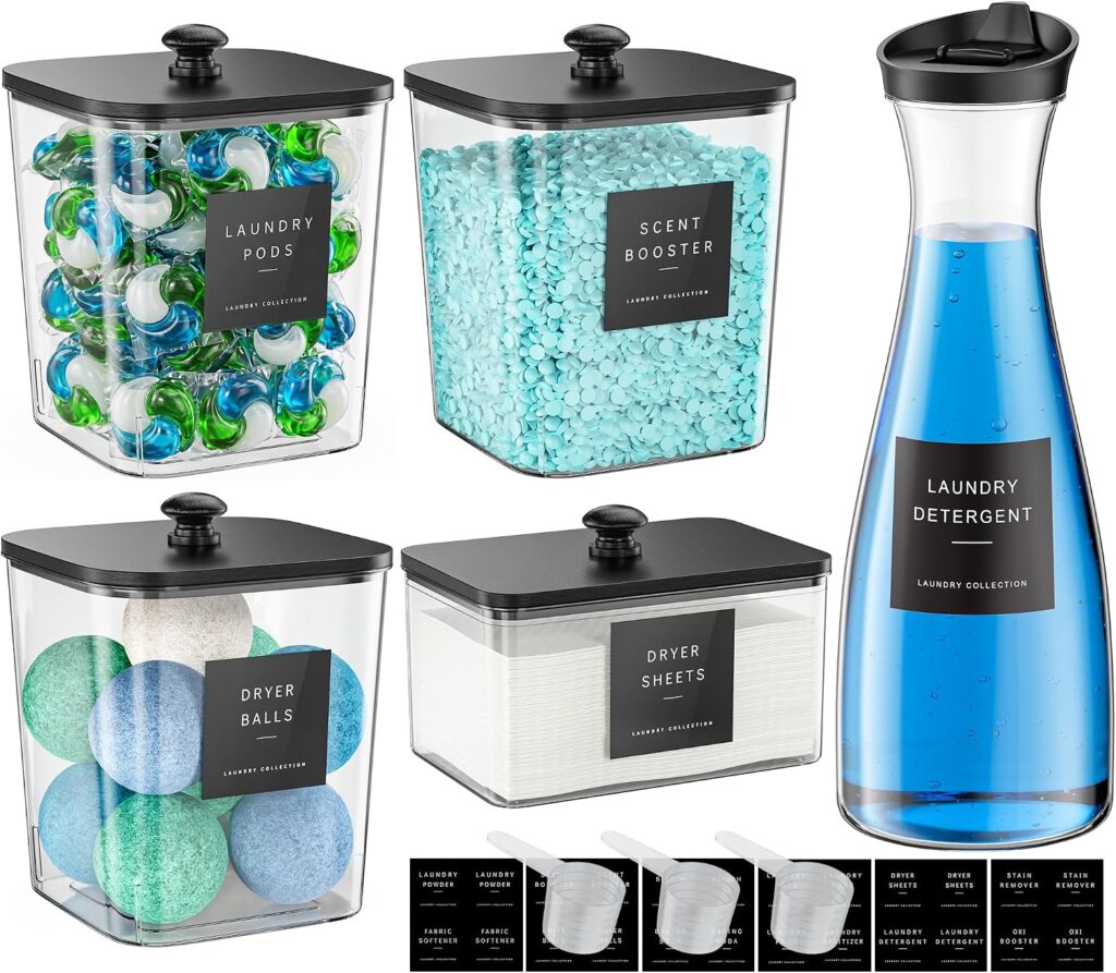 Black laundry pods container set with dryer sheet holder and 10 labels