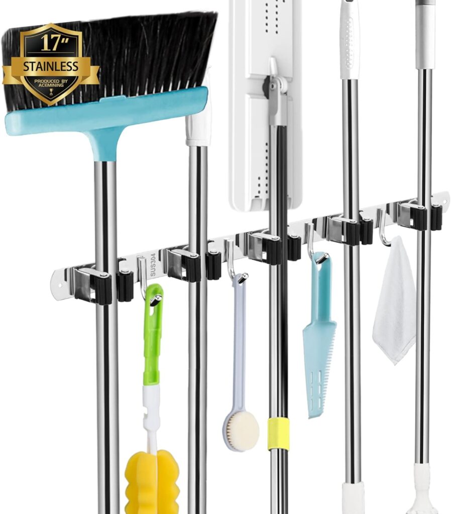 Stainless steel mop and broom holder with 5 racks and 4 hooks