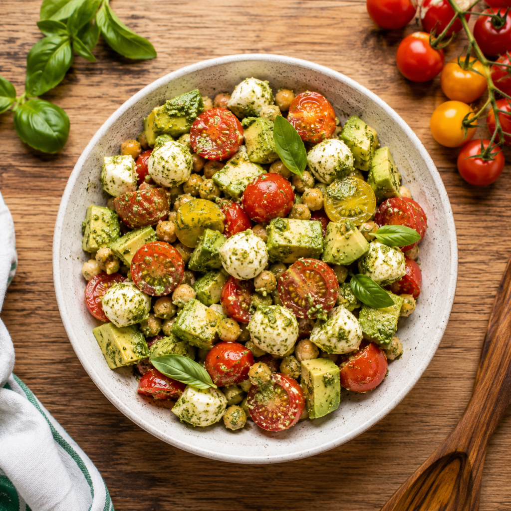 Avocado chickpea pesto salad with cherry tomatoes and fresh mozzarella