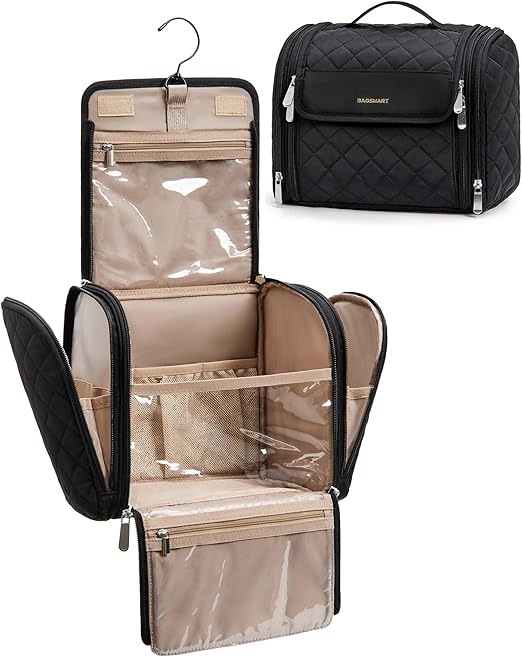 BAGSMART hanging makeup bag black with brush pocket and hook