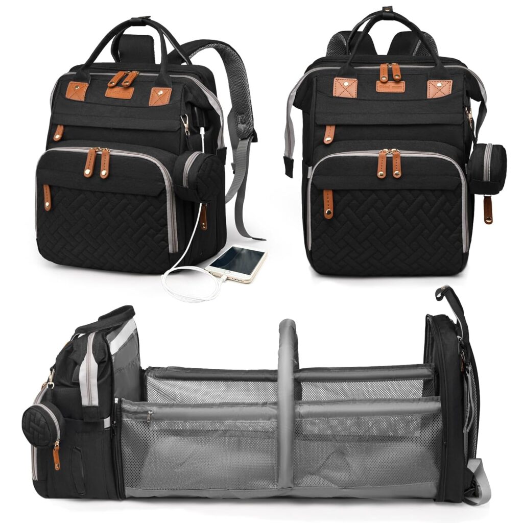 Black waterproof diaper bag backpack with USB charging port
