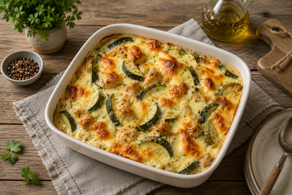 Baked zucchini casserole with chicken and melted cheese