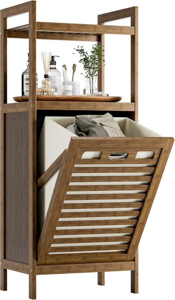 Walnut bamboo tilt-out laundry hamper cabinet with open shelves