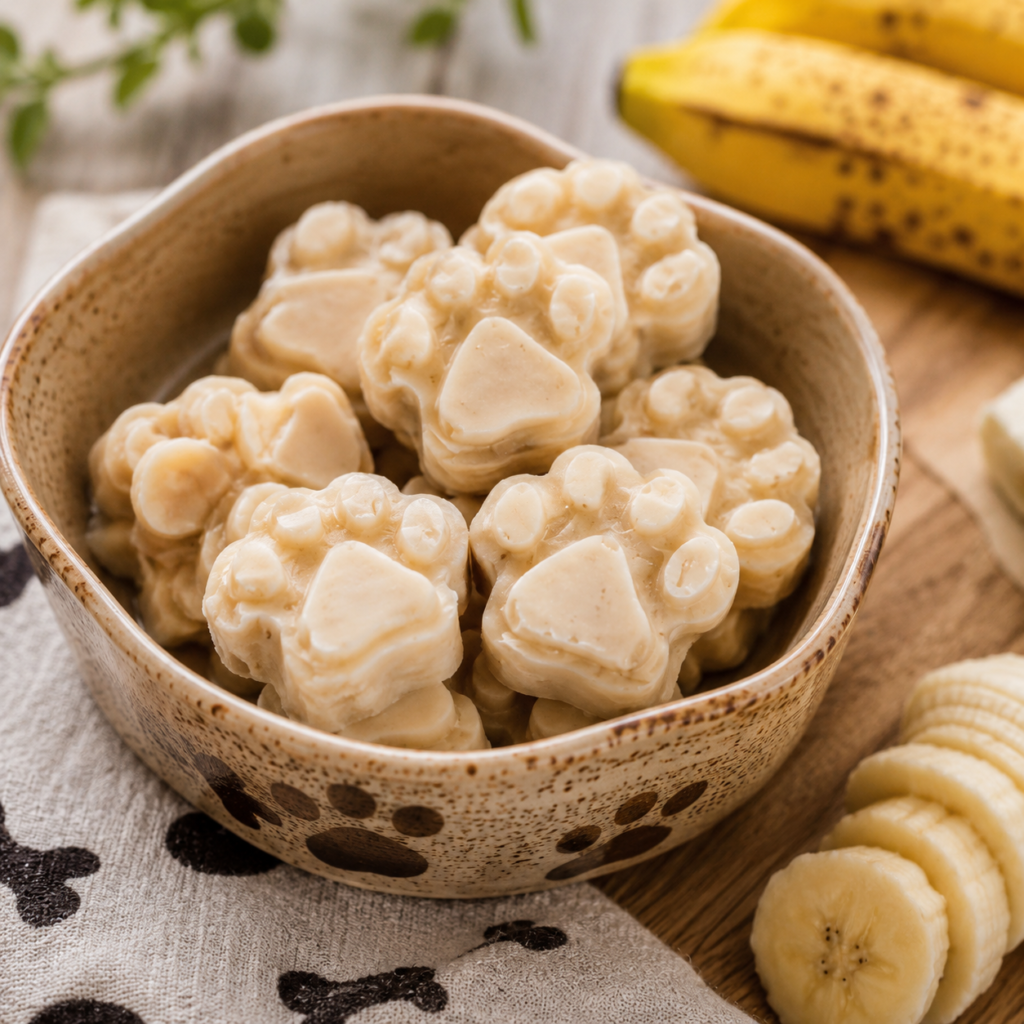 Homemade banana peanut butter dog ice cream in silicone paw mould