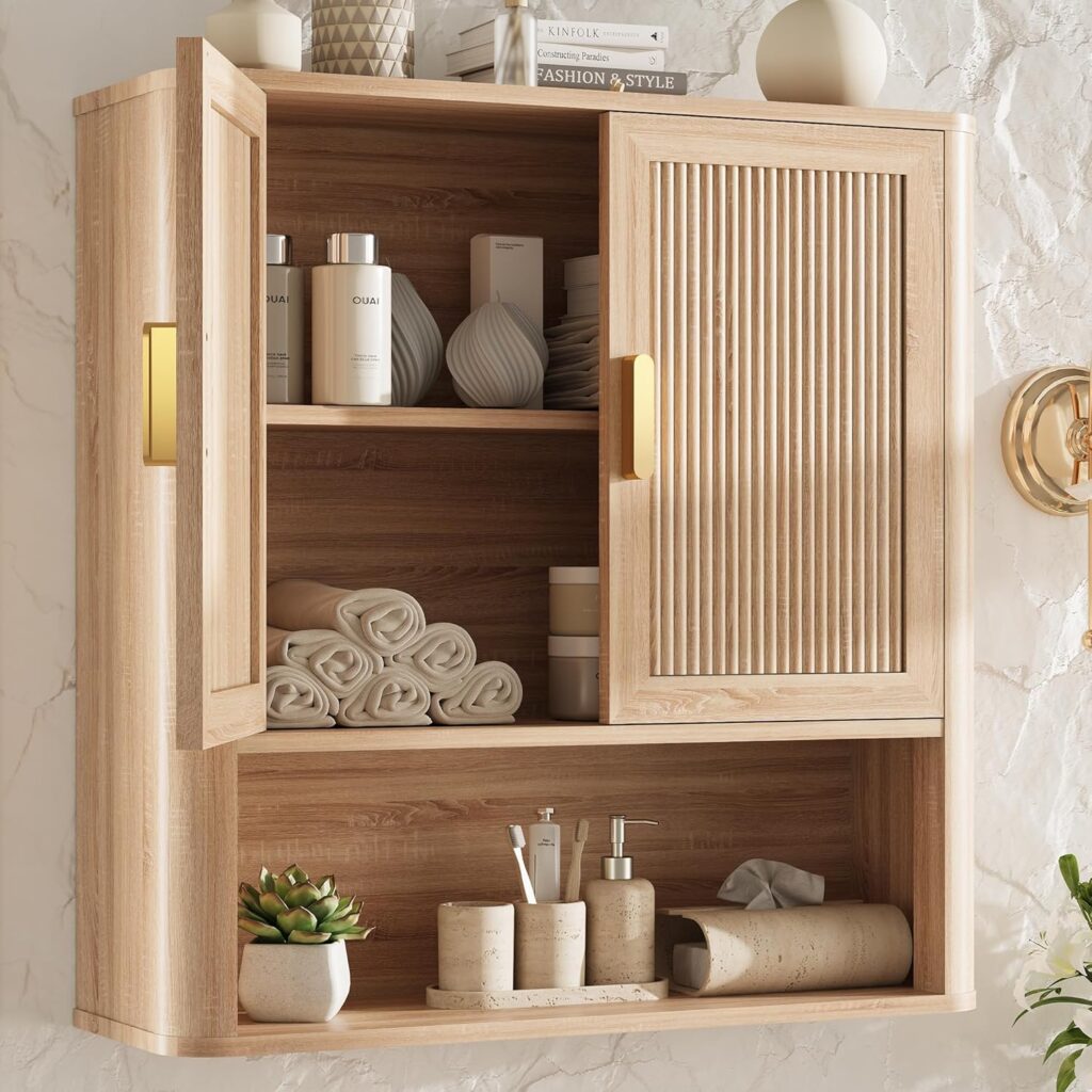 Natural oak wall storage cabinet with adjustable shelves and doors