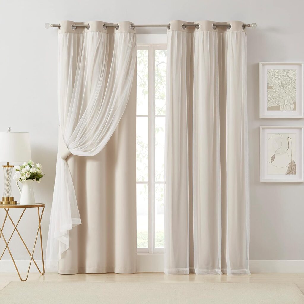 Beige blackout curtains with sheer overlay for window reading nook
