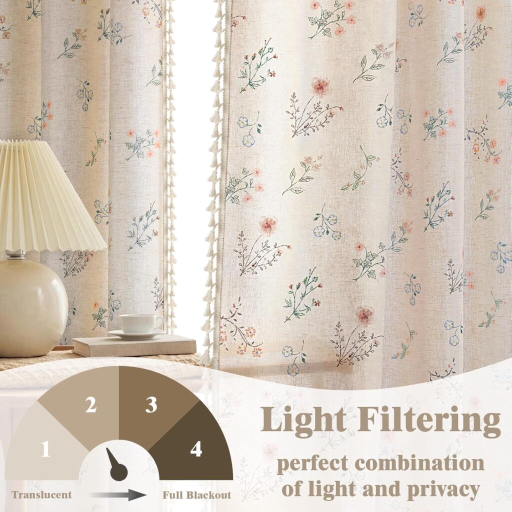 Boho floral linen sheer curtains with tassels for cottagecore reading nook