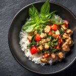 chicken rice bowl recipes with vegetables and sauces on wooden table