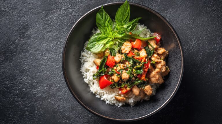 chicken rice bowl recipes with vegetables and sauces on wooden table