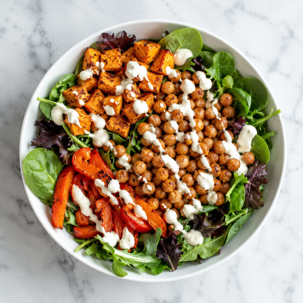 Chickpea salad sweet potato bowl with baby greens, fruit and tahini dressing