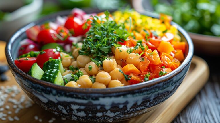 5 easy chickpea salad recipes in bowls on a table