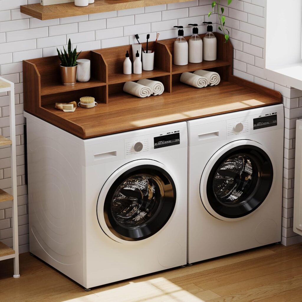 Walnut 2-tier countertop shelf over washer and dryer