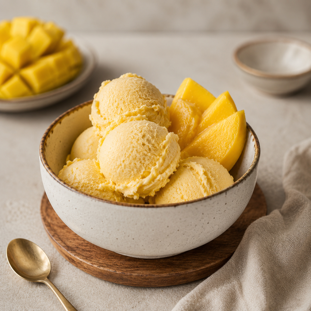 Creamy custard-based mango ice cream with orange zest in a glass