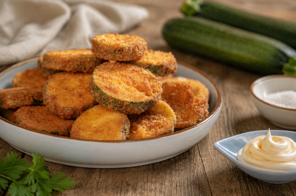 Crispy fried zucchini rounds coated in breadcrumbs